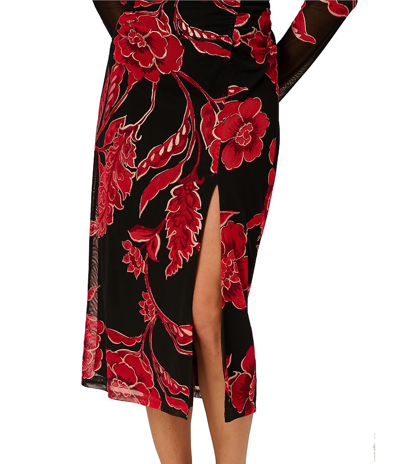 Adrianna Papell Mock Neck Floral Long Sleeve Midi Dress