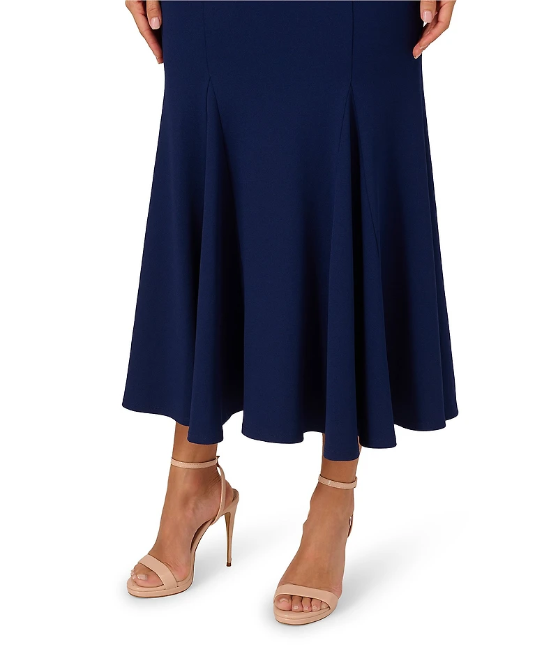 Adrianna Papell Mock Neck Pearl Trim Sleeveless Crepe Sheath Godet Hem Midi Dress