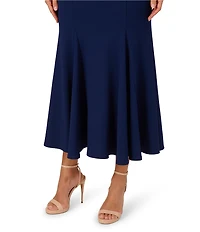 Adrianna Papell Mock Neck Pearl Trim Sleeveless Crepe Sheath Godet Hem Midi Dress