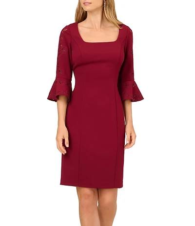 Adrianna Papell Novelty Knit 3/4 Bell Sleeve Crepe Sheath Dress