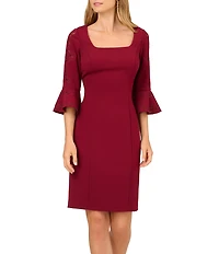 Adrianna Papell Novelty Knit 3/4 Bell Sleeve Crepe Sheath Dress