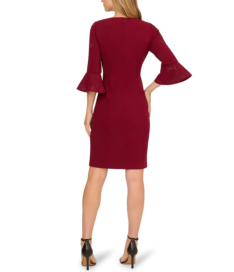Adrianna Papell Novelty Knit 3/4 Bell Sleeve Crepe Sheath Dress