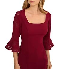 Adrianna Papell Novelty Knit 3/4 Bell Sleeve Crepe Sheath Dress