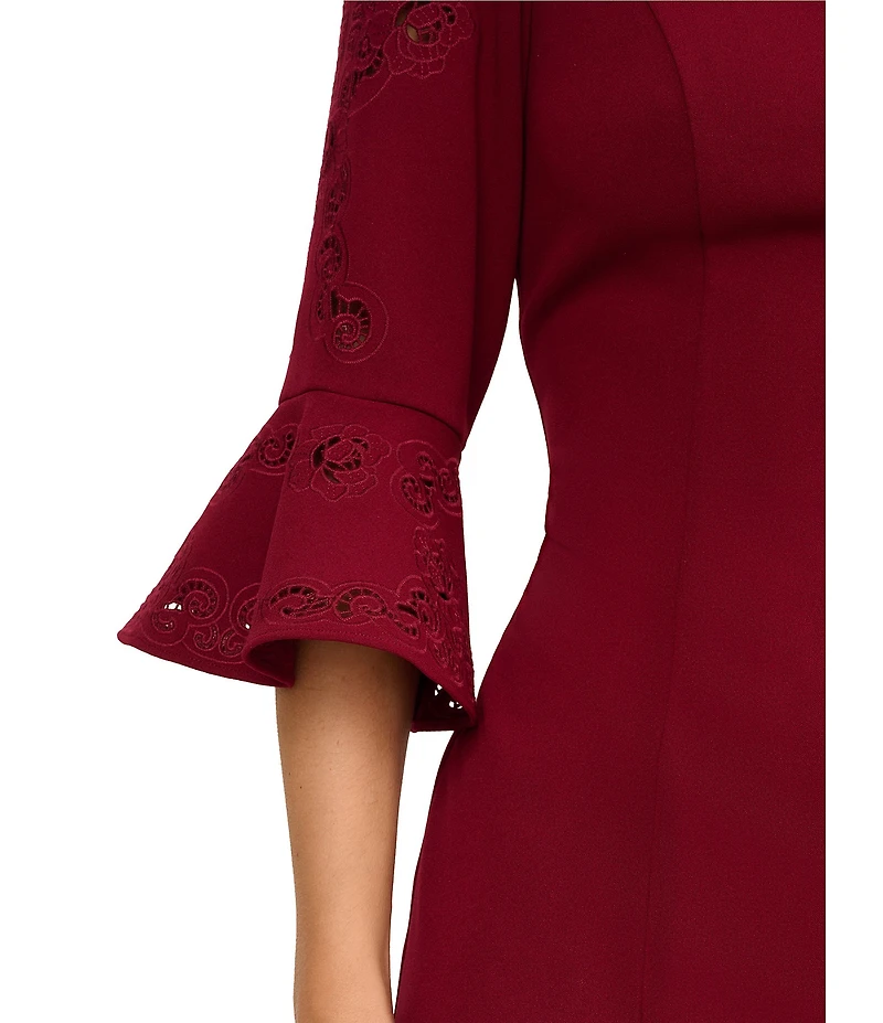 Adrianna Papell Novelty Knit 3/4 Bell Sleeve Crepe Sheath Dress
