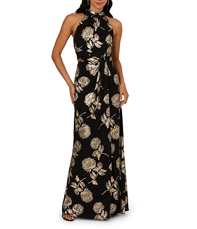 Adrianna Papell Novelty Knit Metallic Floral Print Halter Neck Sleeveless Gown