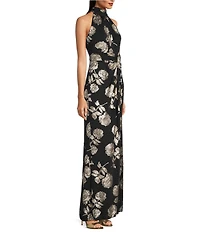 Adrianna Papell Novelty Knit Metallic Floral Print Halter Neck Sleeveless Gown