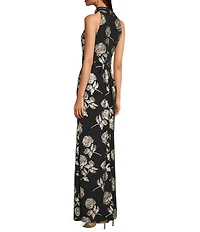 Adrianna Papell Novelty Knit Metallic Floral Print Halter Neck Sleeveless Gown