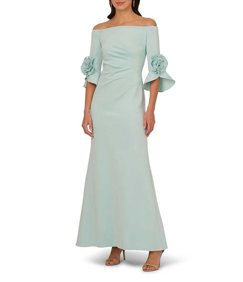 Adrianna Papell Off the Shoulder 3/4 Rosette Tulip Sleeve Ruched Scuba Crepe Sheath Long Gown