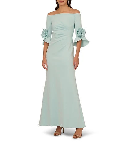 Adrianna Papell Off the Shoulder 3/4 Rosette Tulip Sleeve Ruched Scuba Crepe Sheath Long Gown