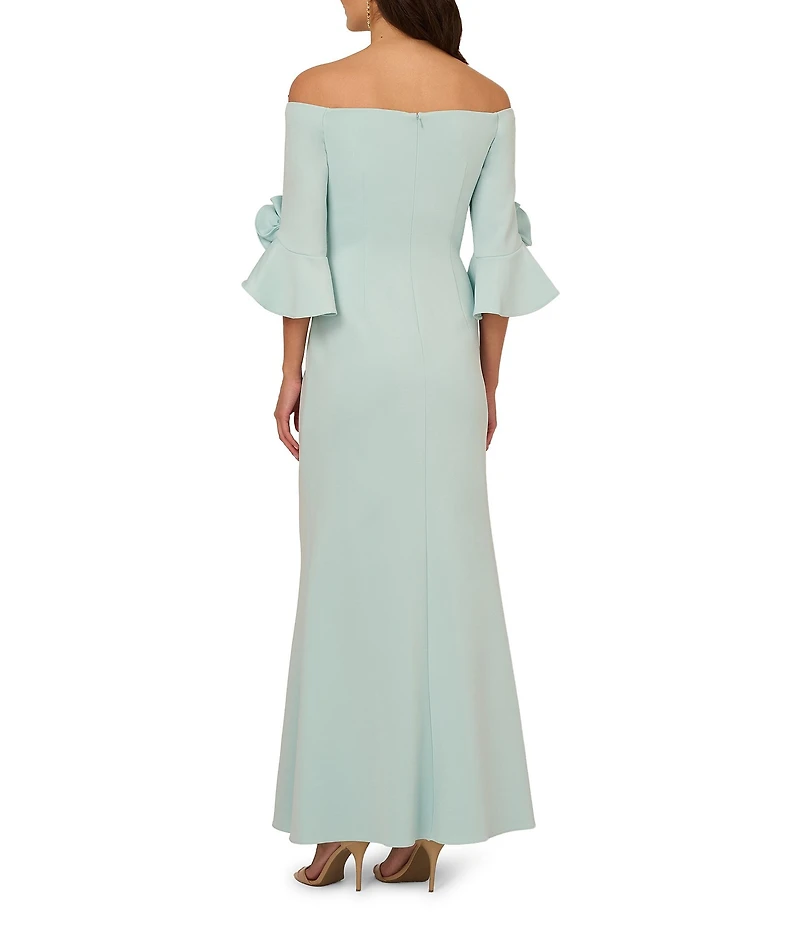 Adrianna Papell Off the Shoulder 3/4 Rosette Tulip Sleeve Ruched Scuba Crepe Sheath Long Gown