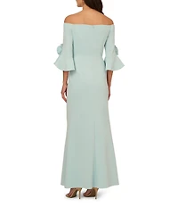 Adrianna Papell Off the Shoulder 3/4 Rosette Tulip Sleeve Ruched Scuba Crepe Sheath Long Gown