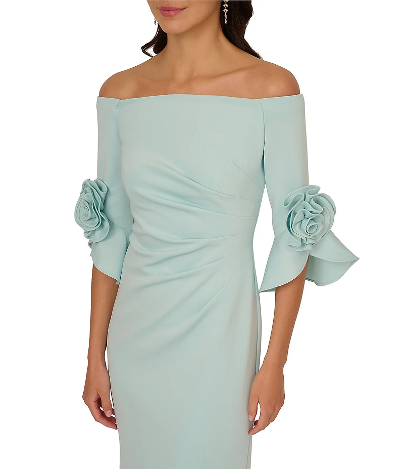 Adrianna Papell Off the Shoulder 3/4 Rosette Tulip Sleeve Ruched Scuba Crepe Sheath Long Gown