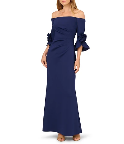 Adrianna Papell Off the Shoulder 3/4 Rosette Tulip Sleeve Ruched Scuba Crepe Sheath Long Gown