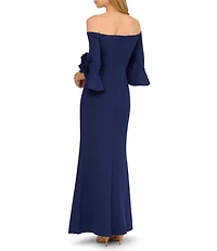 Adrianna Papell Off the Shoulder 3/4 Rosette Tulip Sleeve Ruched Scuba Crepe Sheath Long Gown