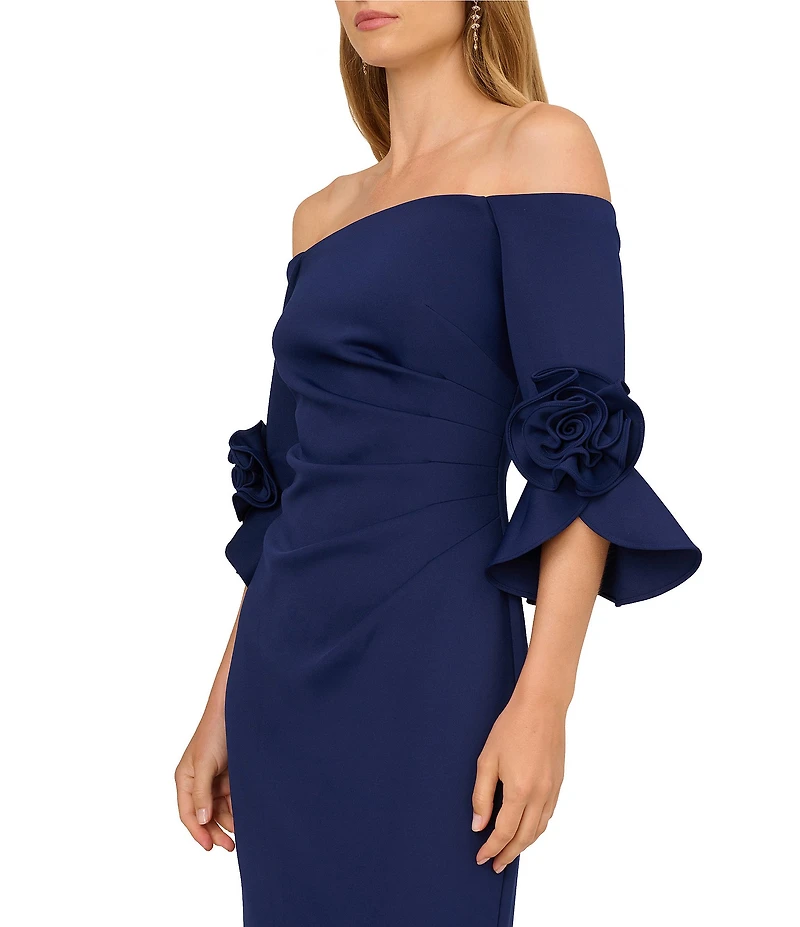 Adrianna Papell Off the Shoulder 3/4 Rosette Tulip Sleeve Ruched Scuba Crepe Sheath Long Gown