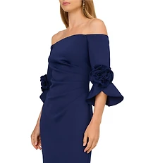 Adrianna Papell Off the Shoulder 3/4 Rosette Tulip Sleeve Ruched Scuba Crepe Sheath Long Gown