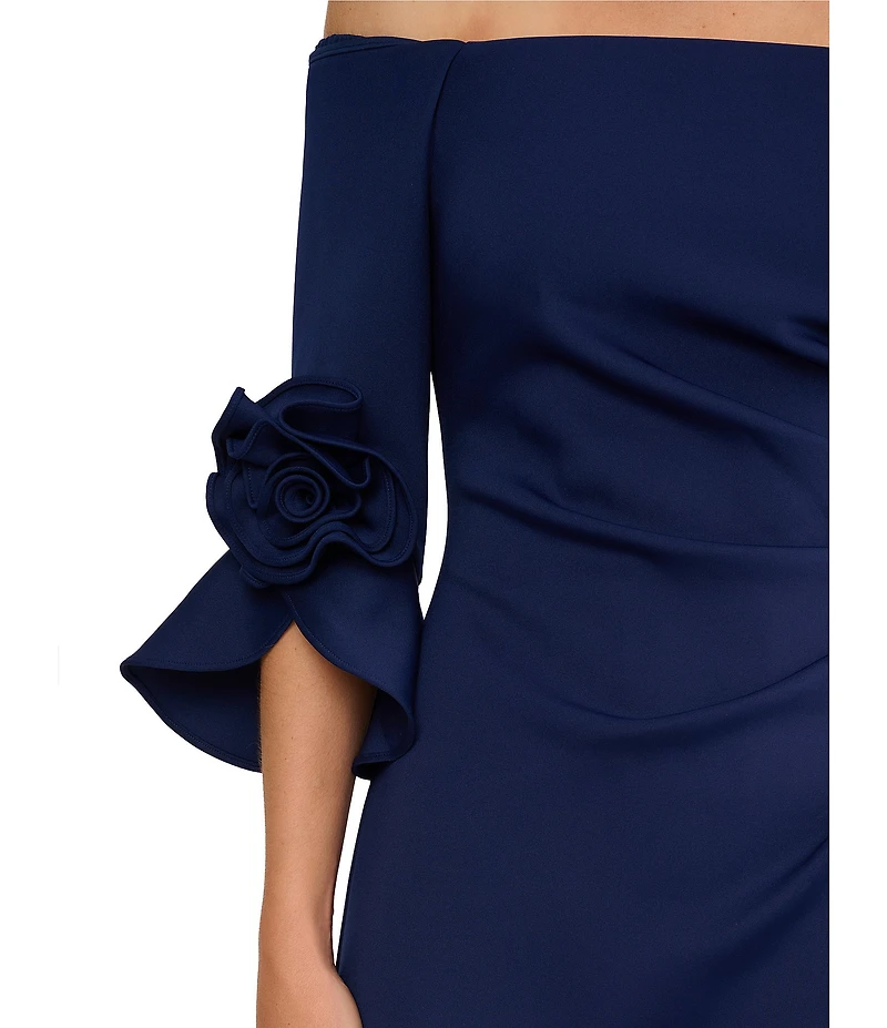 Adrianna Papell Off the Shoulder 3/4 Rosette Tulip Sleeve Ruched Scuba Crepe Sheath Long Gown