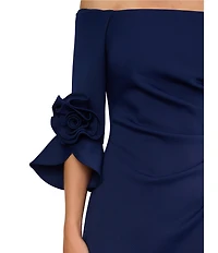 Adrianna Papell Off the Shoulder 3/4 Rosette Tulip Sleeve Ruched Scuba Crepe Sheath Long Gown