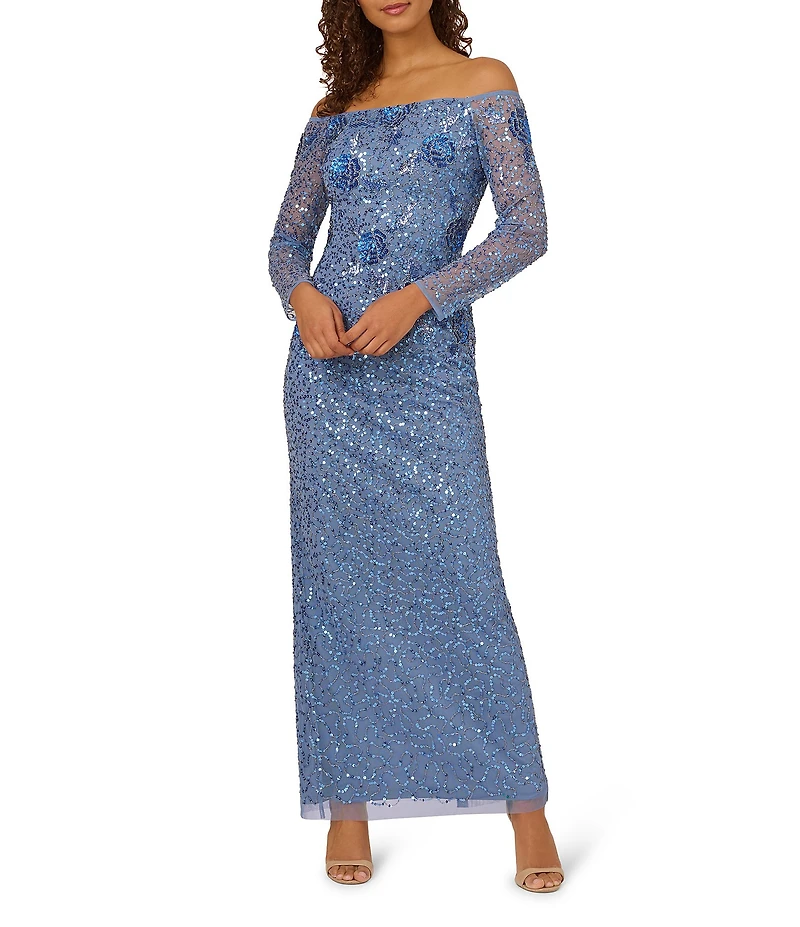 Adrianna Papell Off-The-Shoulder Beaded Mesh Long Illusion Sleeve Gown