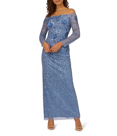 Adrianna Papell Off-The-Shoulder Beaded Mesh Long Illusion Sleeve Gown