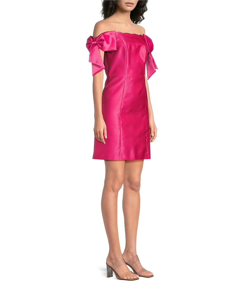 Adrianna Papell Off The Shoulder Bow Sleeve Mikado Sheath Dress