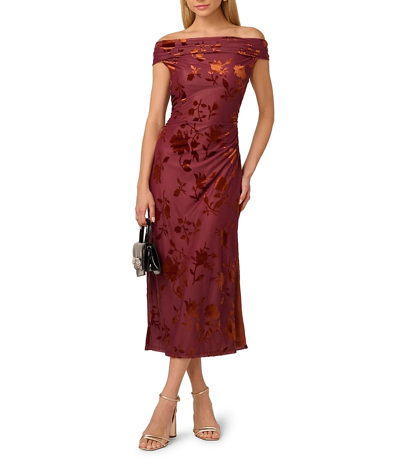 Adrianna Papell Off-The-Shoulder Burnout Velvet Midi Dress