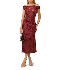 Adrianna Papell Off-The-Shoulder Burnout Velvet Midi Dress