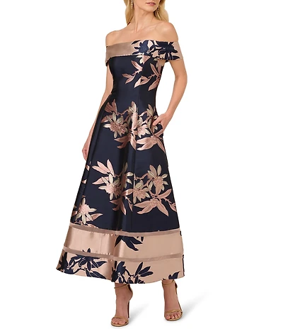 Adrianna Papell Off-The-Shoulder Cap Sleeve Floral Jacquard A-Line Tea Length Dress