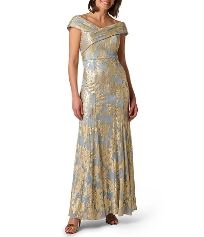 Adrianna Papell Off The Shoulder Cap Sleeve Foiled Leaf Print Long Gown