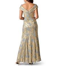 Adrianna Papell Off The Shoulder Cap Sleeve Foiled Leaf Print Long Gown