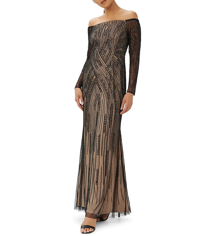 Adrianna Papell Off-The-Shoulder Long Sleeve Beaded Mesh Gown