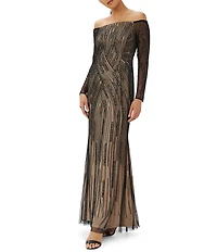 Adrianna Papell Off-The-Shoulder Long Sleeve Beaded Mesh Gown