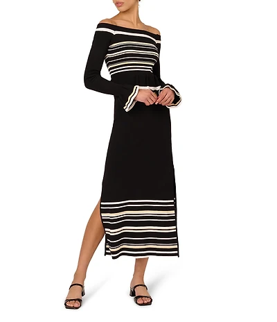 Adrianna Papell Off-The-Shoulder Striped Long Sleeve Knit Sheath Dress