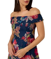 Adrianna Papell Off-The-Shoulder Ruffle Front Floral Organza A-Line Midi Dress