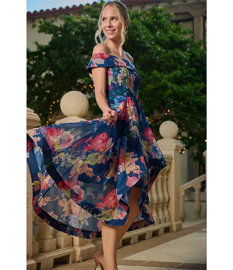 Adrianna Papell Off-The-Shoulder Ruffle Front Floral Organza A-Line Midi Dress