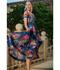 Adrianna Papell Off-The-Shoulder Ruffle Front Floral Organza A-Line Midi Dress
