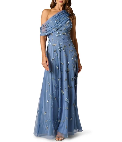 Adrianna Papell One Shoulder Asymmetrical Neck Beaded Mesh Long Gown