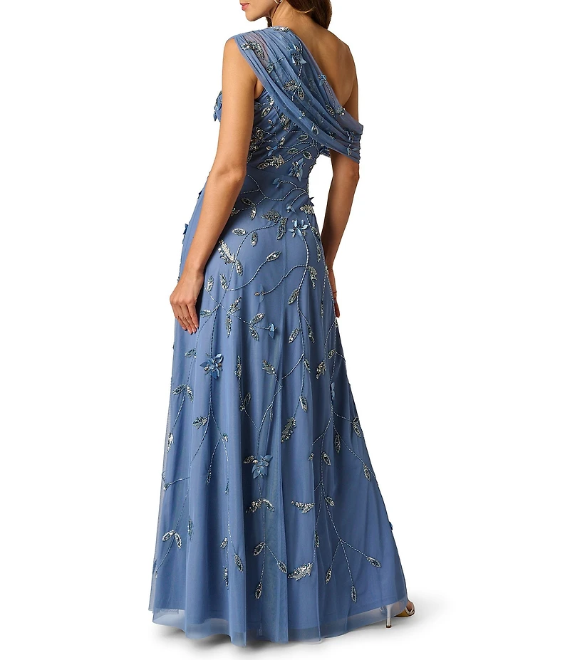 Adrianna Papell One Shoulder Asymmetrical Neck Beaded Mesh Long Gown