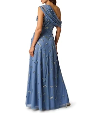 Adrianna Papell One Shoulder Asymmetrical Neck Beaded Mesh Long Gown