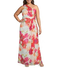 Adrianna Papell One Shoulder Chiffon Floral Print Long Dress