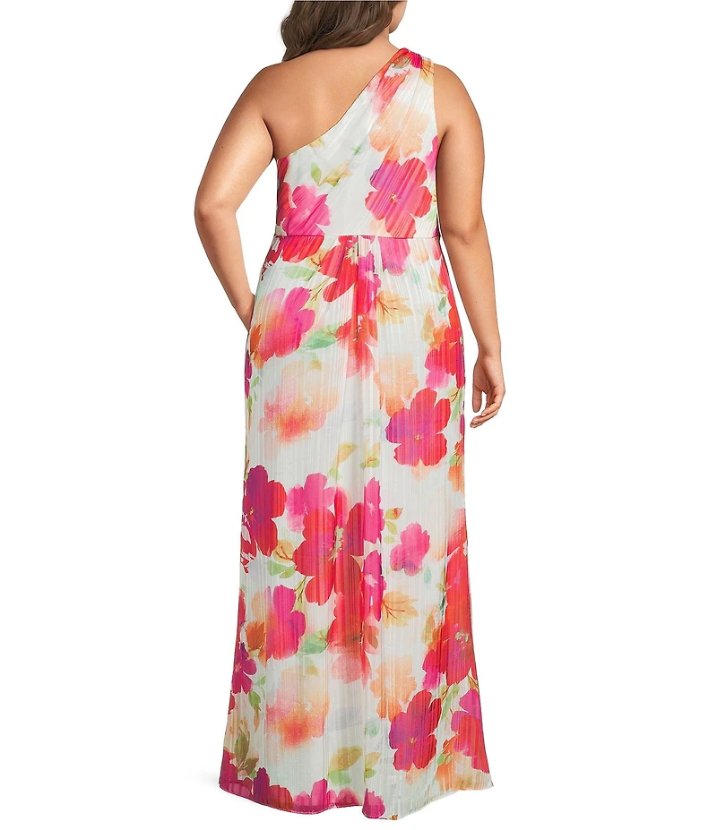 Adrianna Papell One Shoulder Chiffon Floral Print Long Dress
