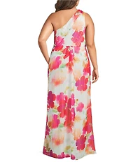 Adrianna Papell One Shoulder Chiffon Floral Print Long Dress