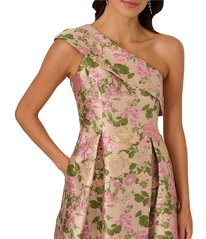 Adrianna Papell One Shoulder Floral Jacquard High Low A-line Midi Dress