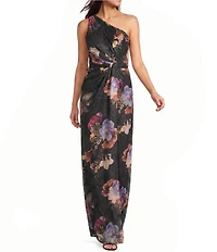 Adrianna Papell One Shoulder Floral Print Chiffon Long Dress