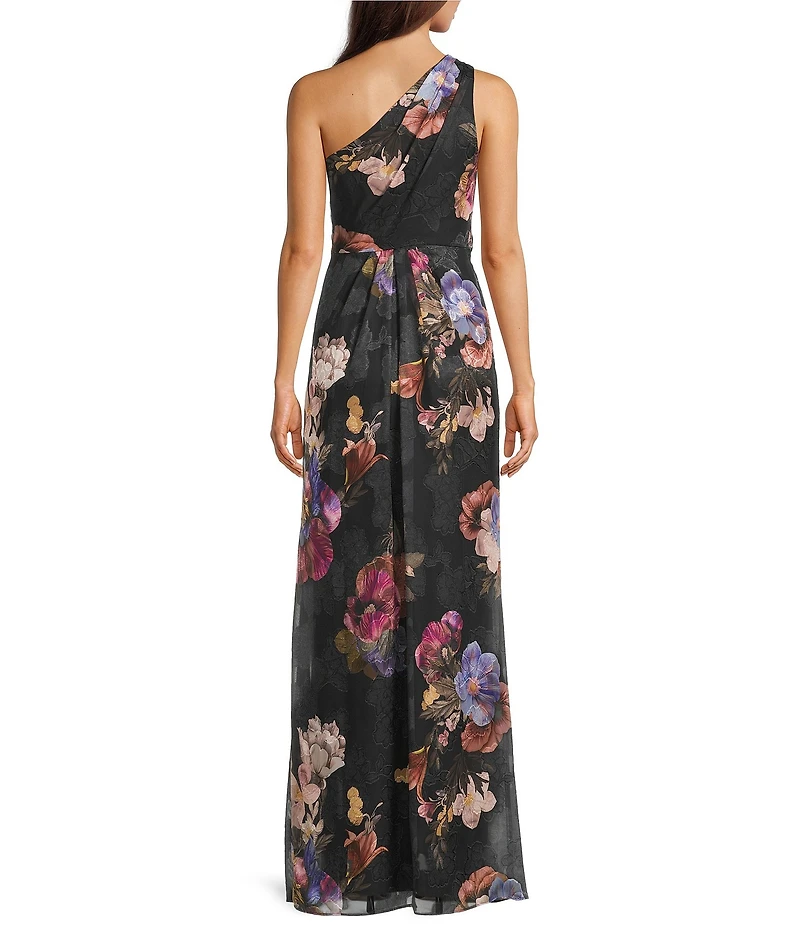 Adrianna Papell One Shoulder Floral Print Chiffon Long Dress