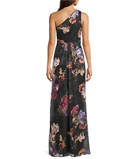 Adrianna Papell One Shoulder Floral Print Chiffon Long Dress