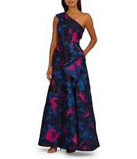 Adrianna Papell One Shoulder Front Slit Floral Jacquard Gown