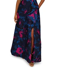 Adrianna Papell One Shoulder Front Slit Floral Jacquard Gown