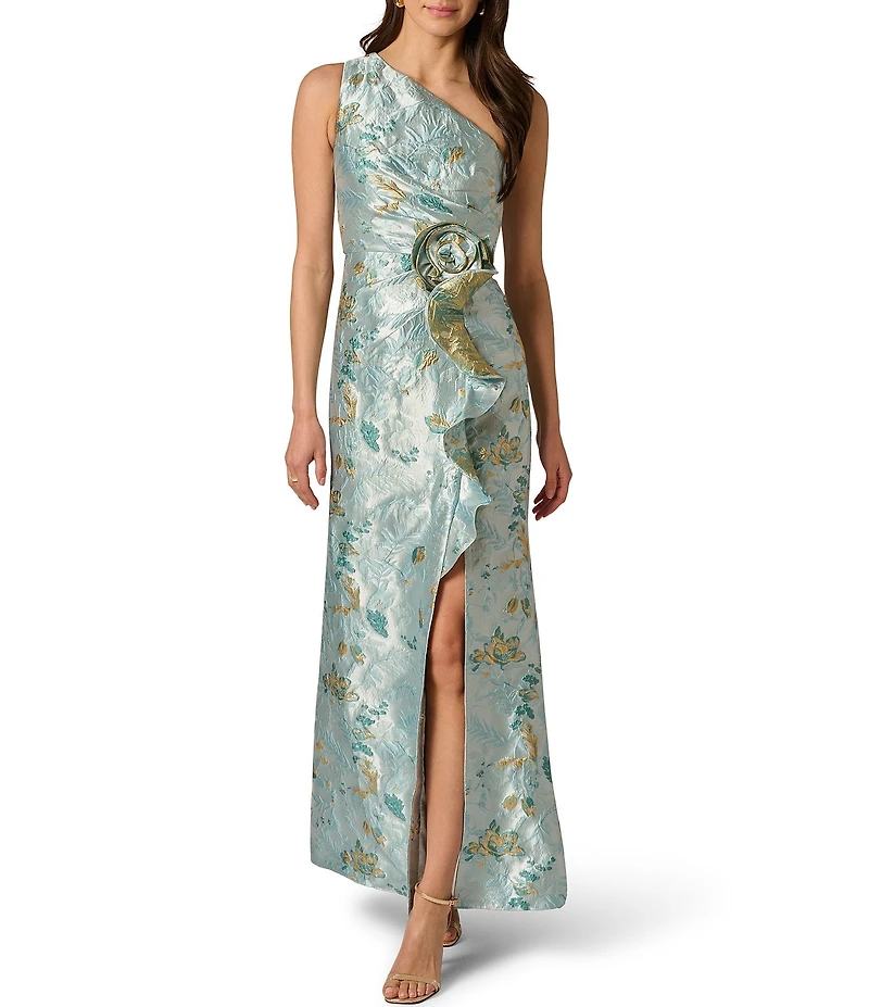 Adrianna Papell One Shoulder Metallic Jacquard Column Gown