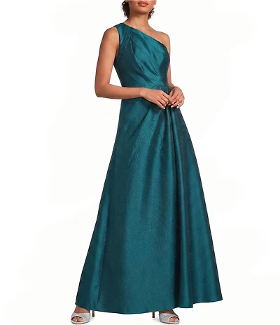 Adrianna Papell One Shoulder Pleated Bodice Mikado Long Gown